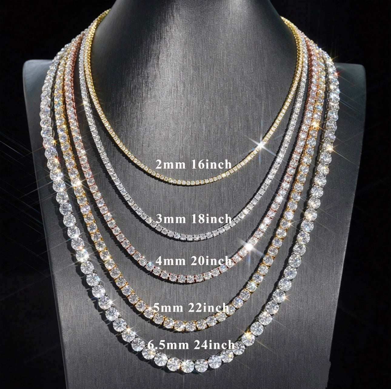 2mm 3mm 4mm 5mm 6.5mm
Moissanite Tennis Necklace, 925
Silver Gold-Plated