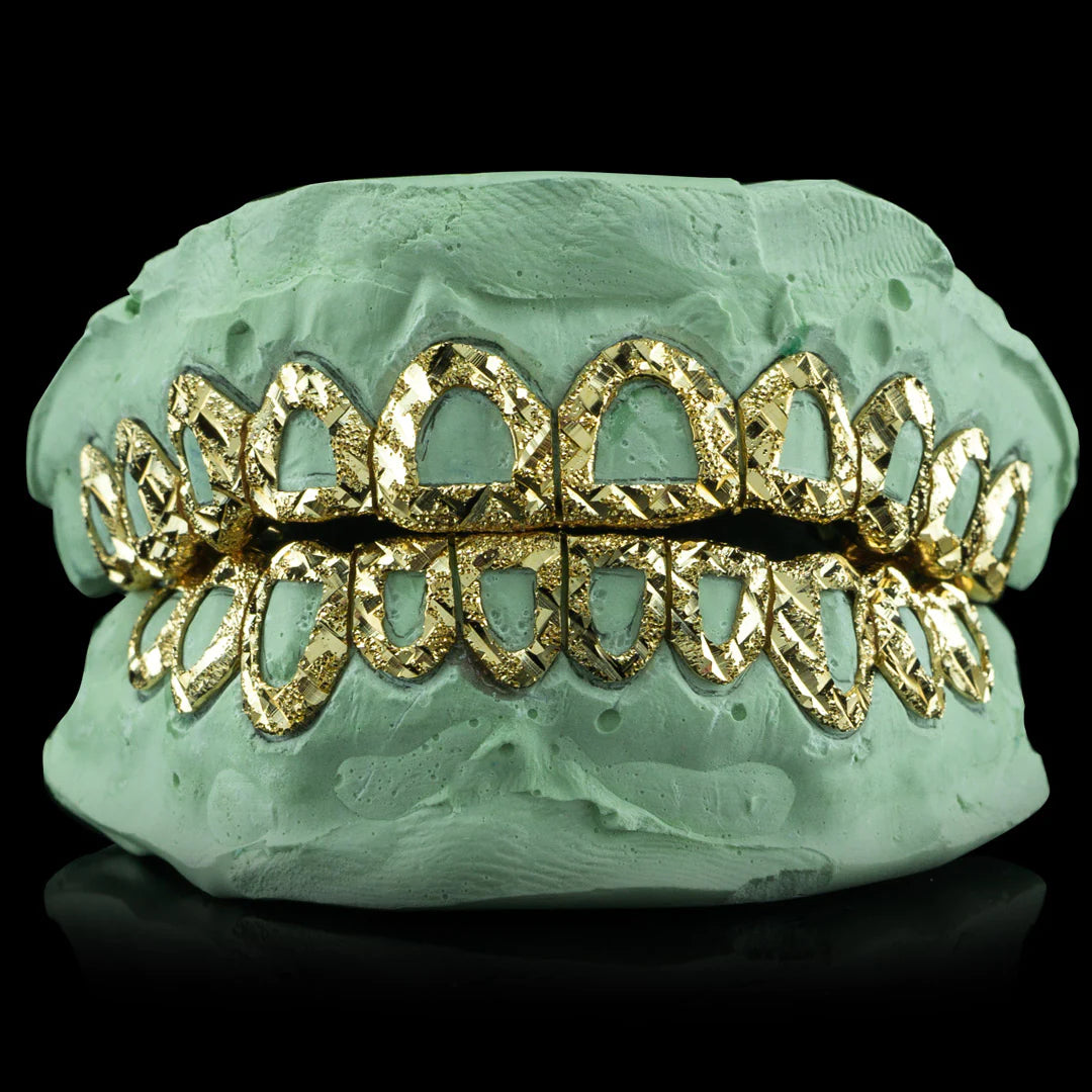SOLID GOLD OPEN FACE DIAMOND CUT WITH DIAMOND DUST GRILLZ